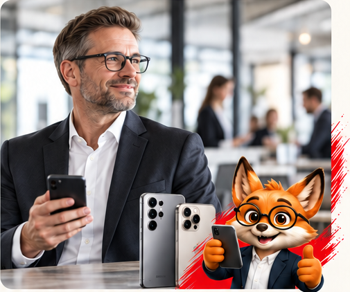 Unternehmer mit Smartphone, zwei Mobiltelefonen und dem Fuchs-Maskottchen