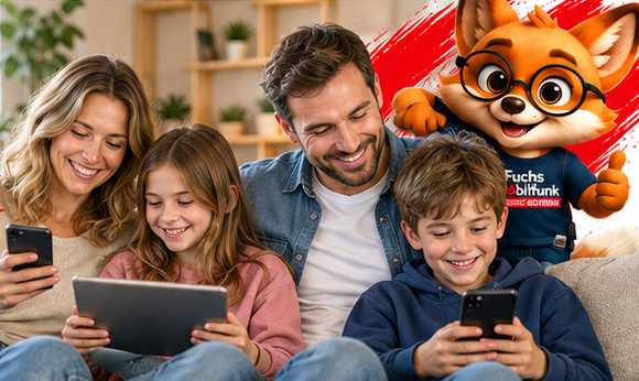 Familie mit Smartphones und Tablet, begleitet vom Fuchs