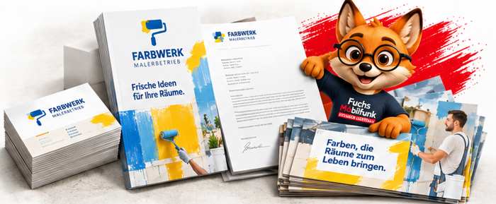 Fuchs-Printmotiv mit Flyern, Briefpapier und Werbemitteln für FARBWERK