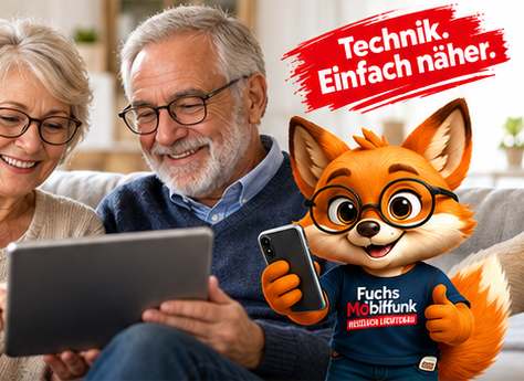 Senioren entdecken gemeinsam mit dem Fuchs ein Smartphone