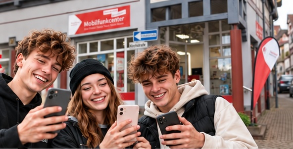 Drei junge Leute mit Smartphones vor dem Fuchs Mobilfunk Laden